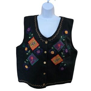 Vintage Wool Floral Embroidered Vest  Colorful Patchwork Design & Gold Buttons
